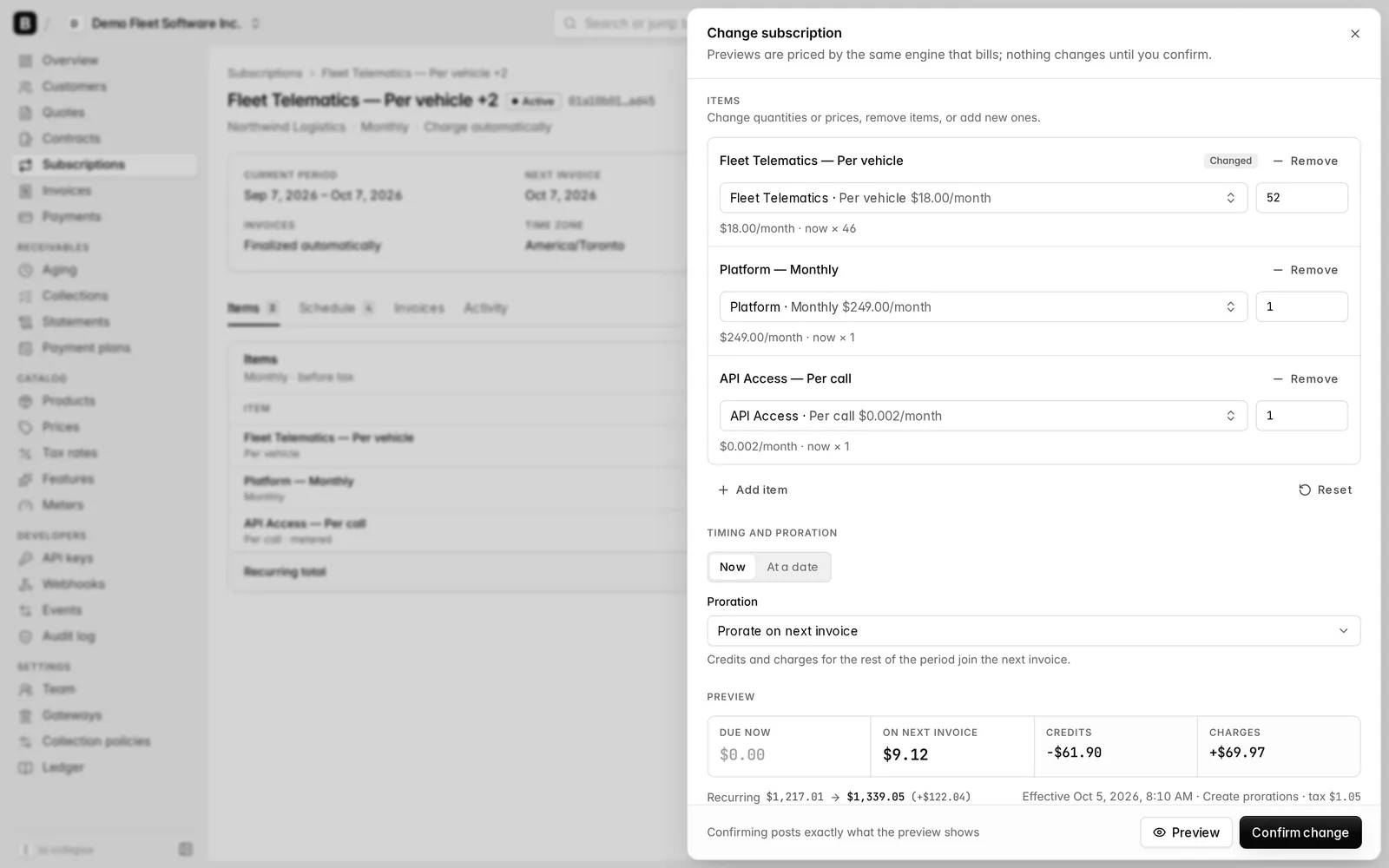 Changing a subscription in the console: the item quantity goes from 46 to 52 and the preview shows the credit, the charge and the amount on the next invoice.